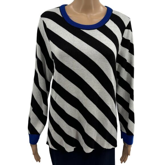 Anthropologie Maeve Black White Striped Pullover Blue Trim Sweater - Picture 4 of 11